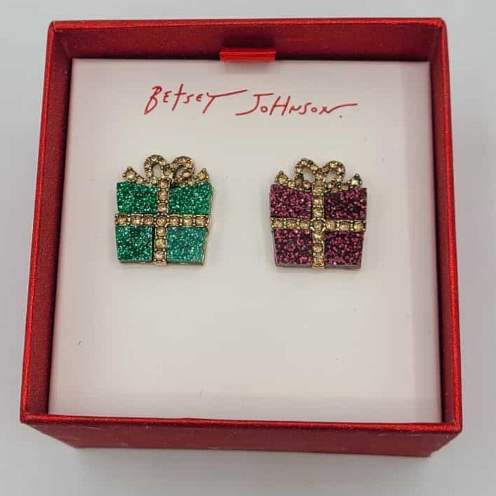 Betsey Johnson Red Green Package earrings NWT! NEW!